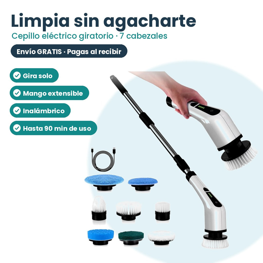 Cepillo eléctrico giratorio con mango extensible y 7 cabezales: limpia sin agacharte